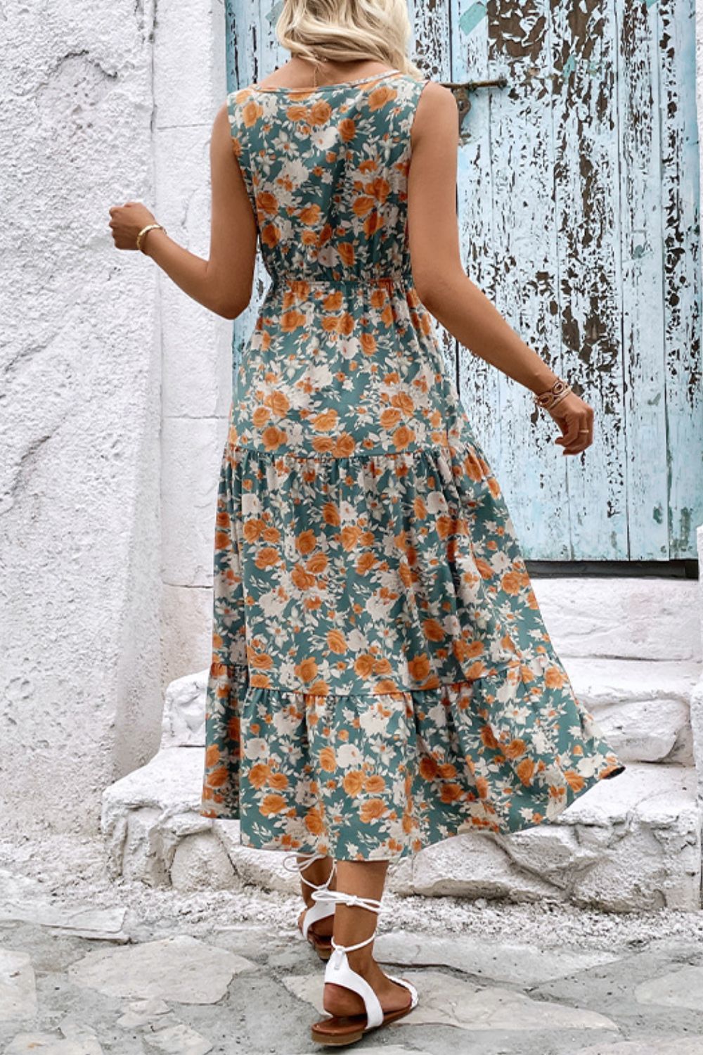 Buy Floral V-Neck Tiered Sleeveless Dress by Faz