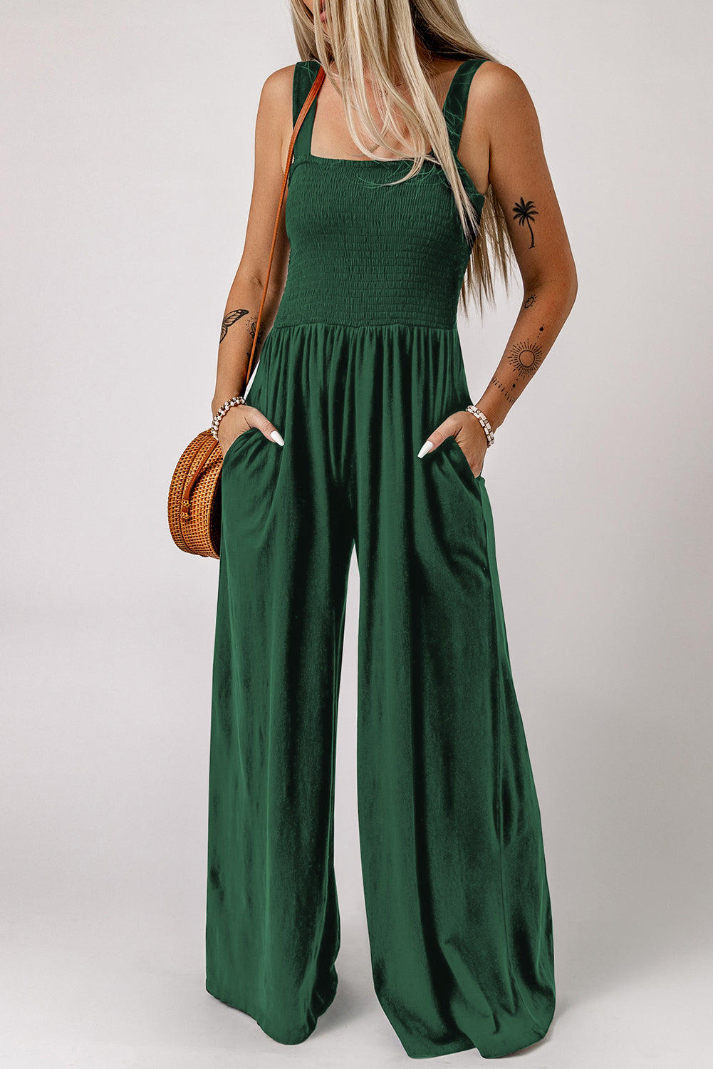 Buy Smocked Square Neck Wide Leg Jumpsuit with Pockets by Faz