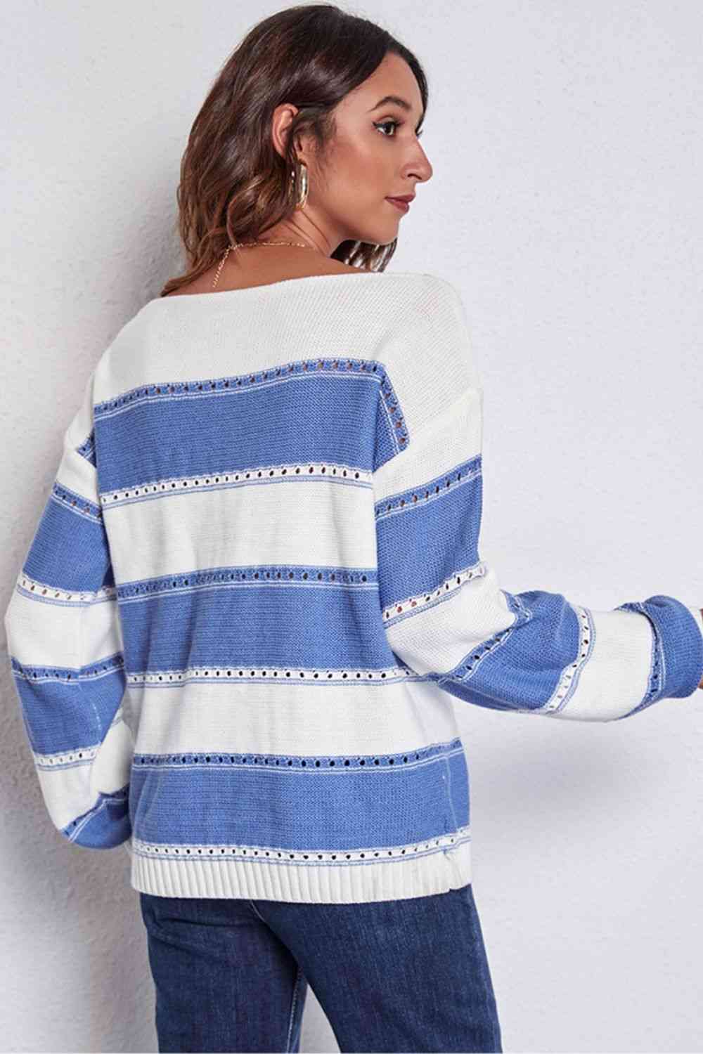 Buy Striped Boat Neck Dropped Shoulder Sweater by B&S