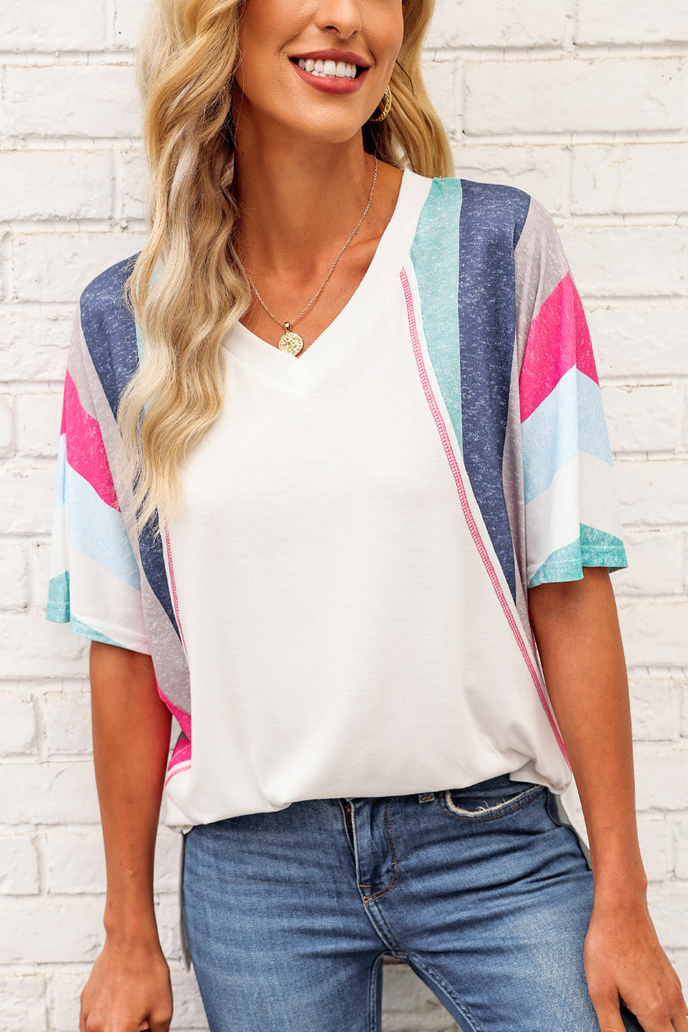 Buy Rainbow Stripe Slit V-Neck Tee by Faz