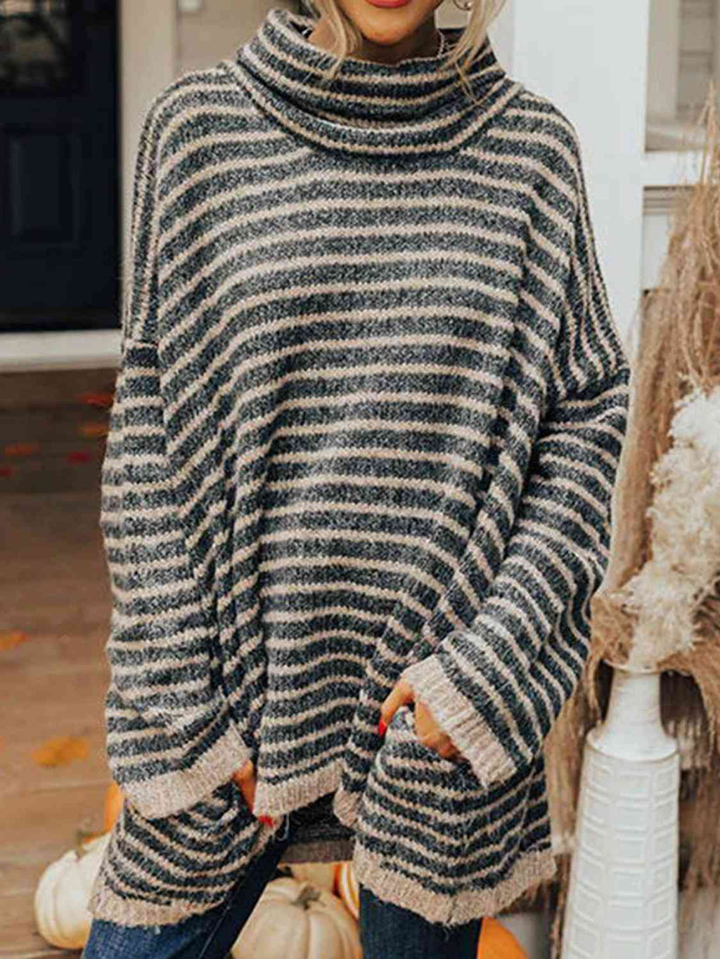 Buy Striped Turtleneck Sweater with Pockets by Faz