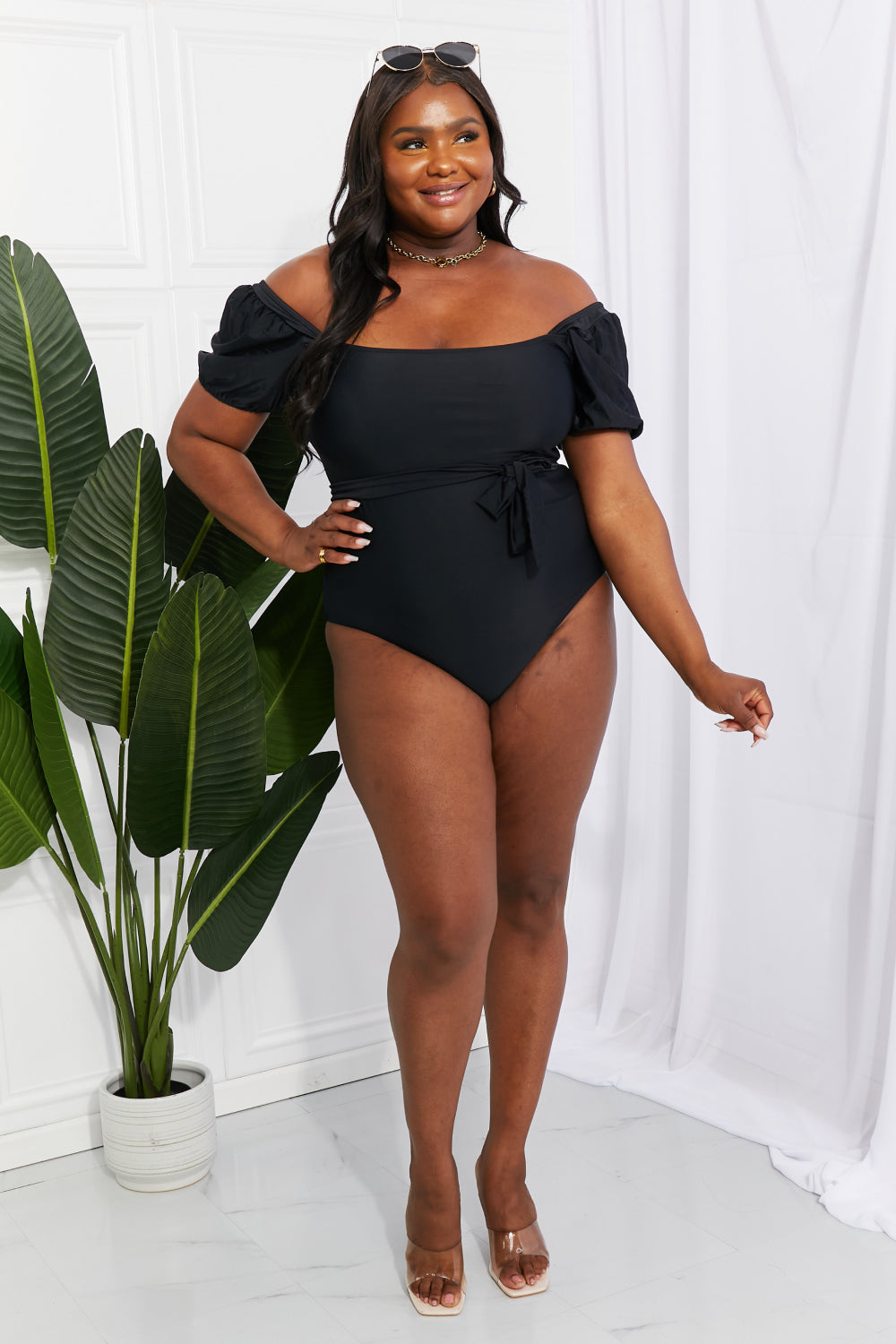 Buy Salty Air Puff Sleeve One-Piece in Black by Marina West Swim