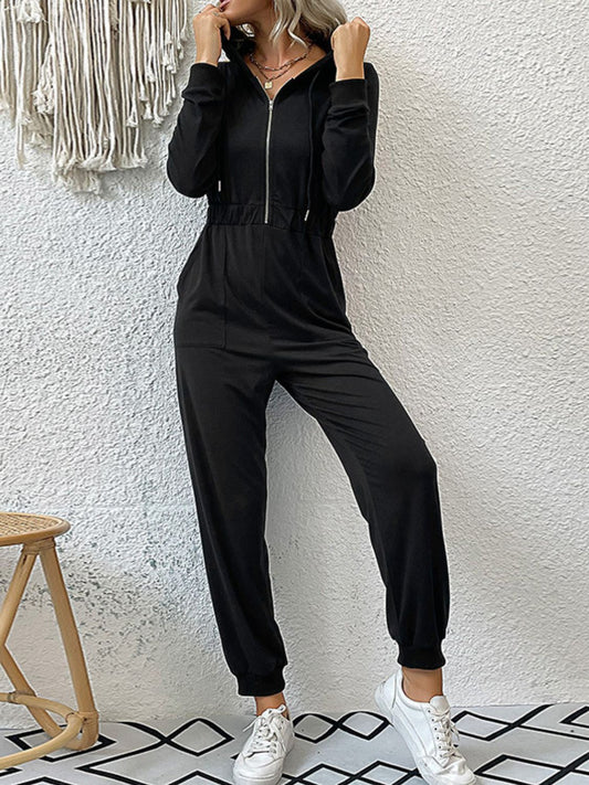 Buy Zip Up Elastic Waist Hooded Jogger Jumpsuit by Faz