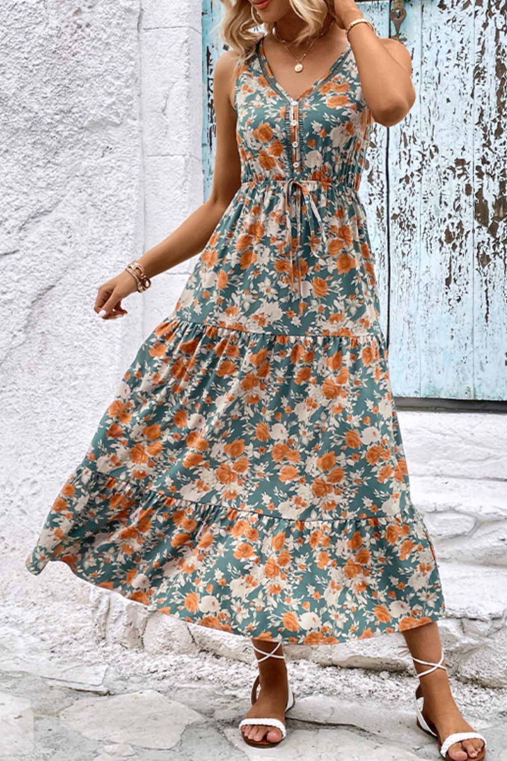 Buy Floral V-Neck Tiered Sleeveless Dress by Faz