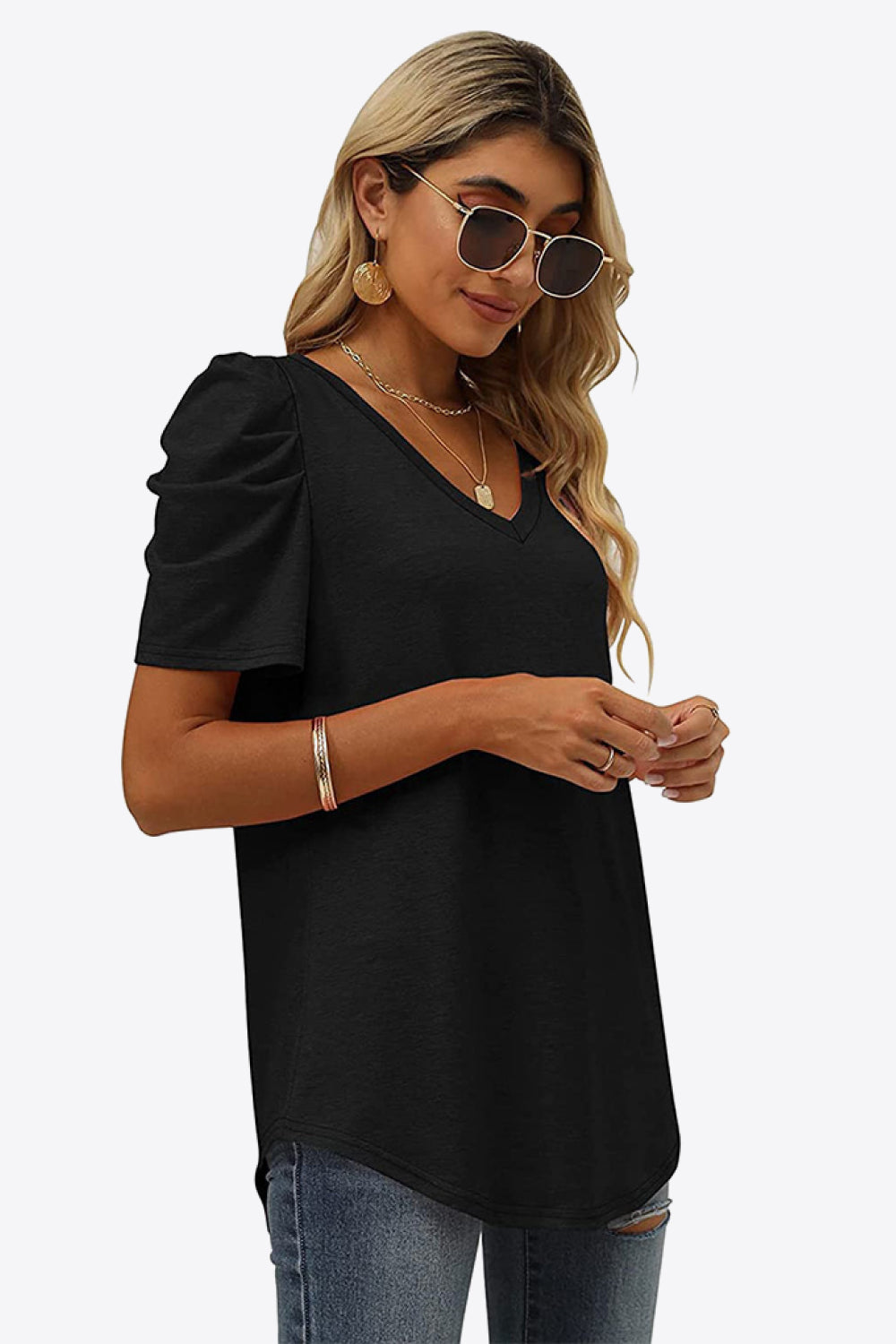 Buy V-Neck Puff Sleeve Tee by Faz