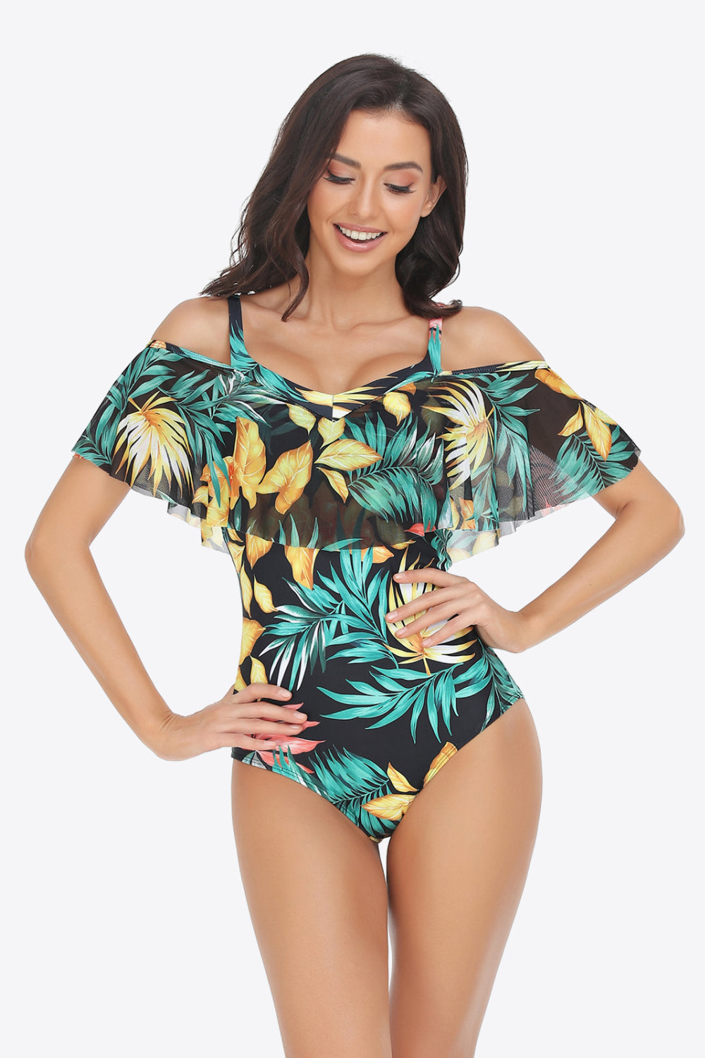 Buy Botanical Print Cold-Shoulder Layered One-Piece Swimsuit by Faz