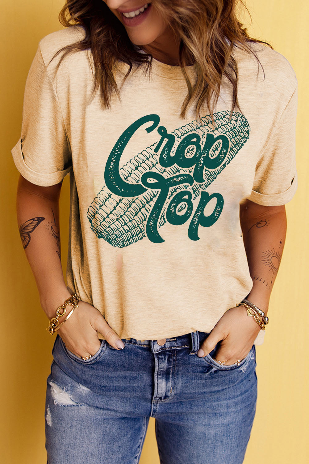 Buy Corn Letter Graphic Cuffed Tee by Faz