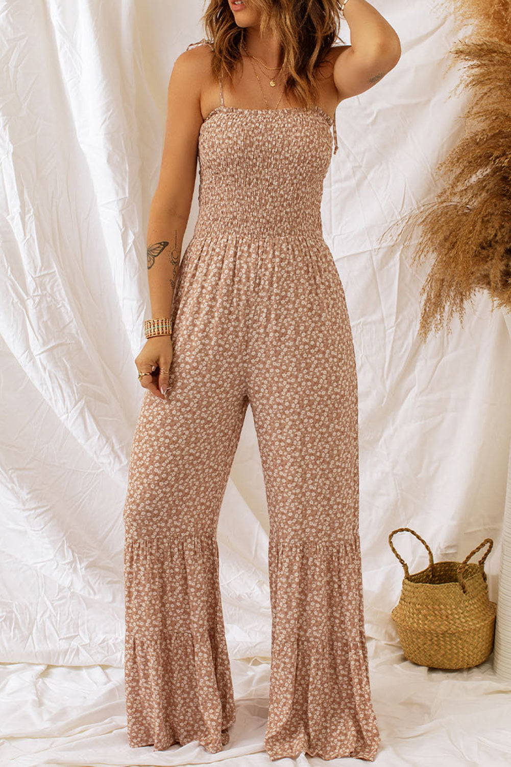Buy Floral Spaghetti Strap Smocked Wide Leg Jumpsuit by Faz