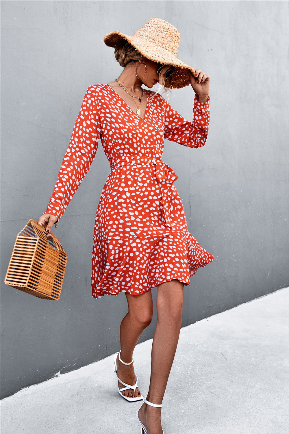 Buy Printed V-Neck Tie Belt Ruffle Hem Mini Dress by YO