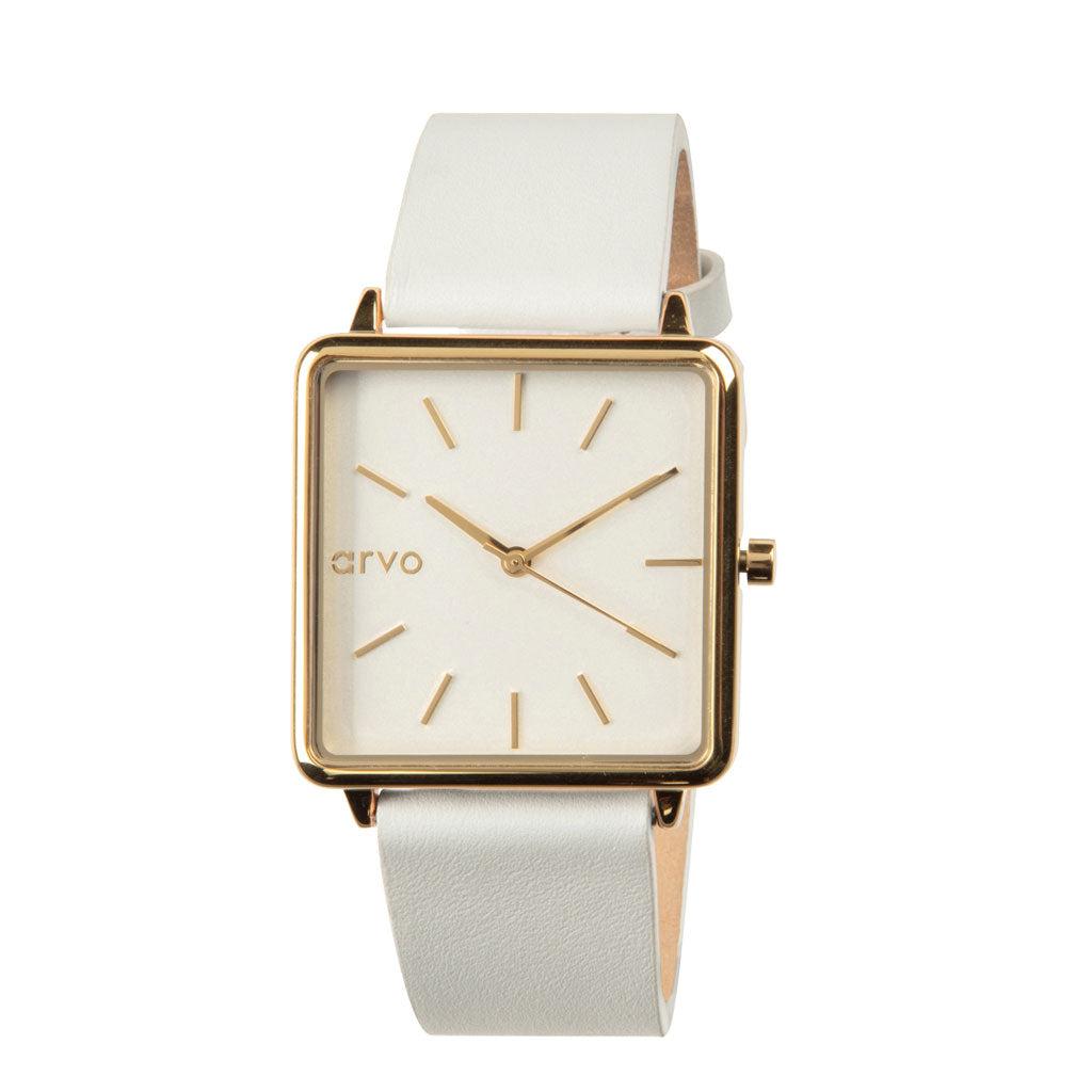 Arvo Time Squared Watch - Gold - White Leather