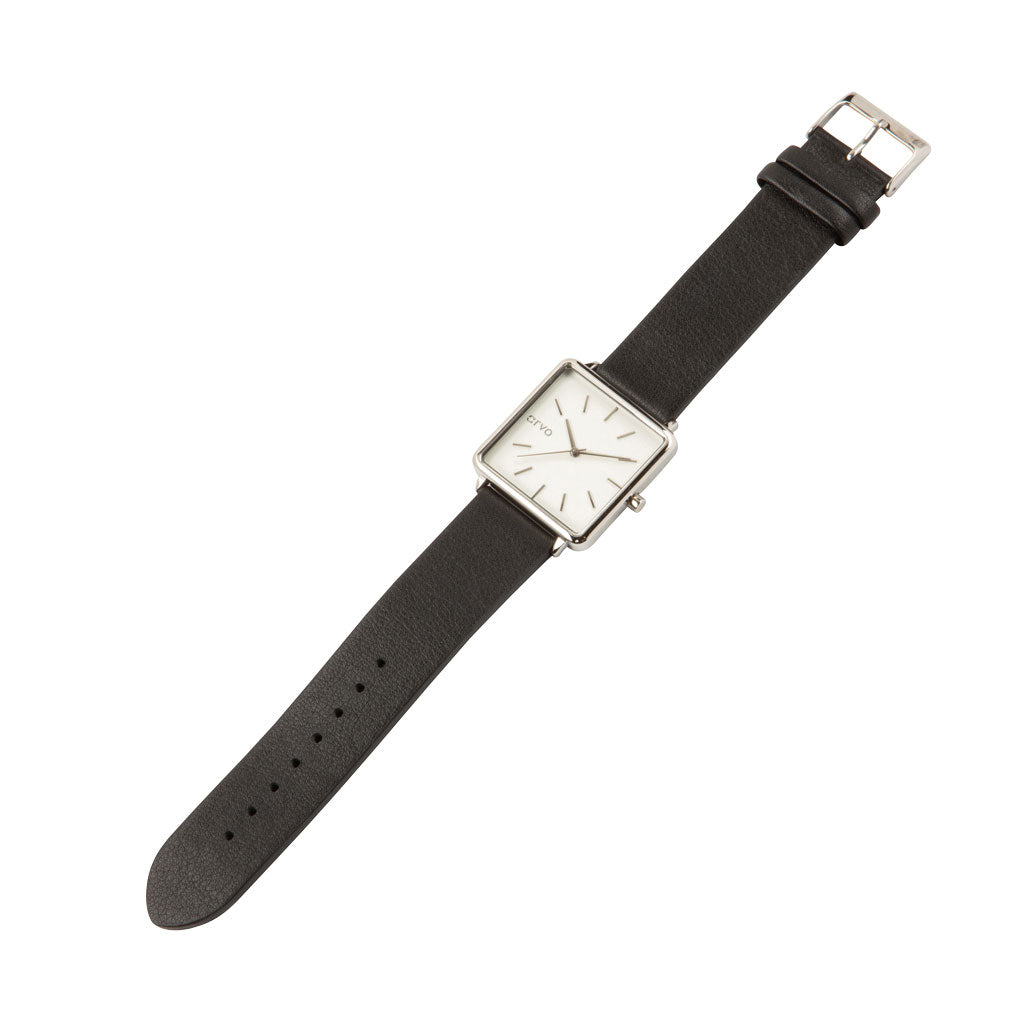 Arvo Time Squared Watch - Silver - Black Leather