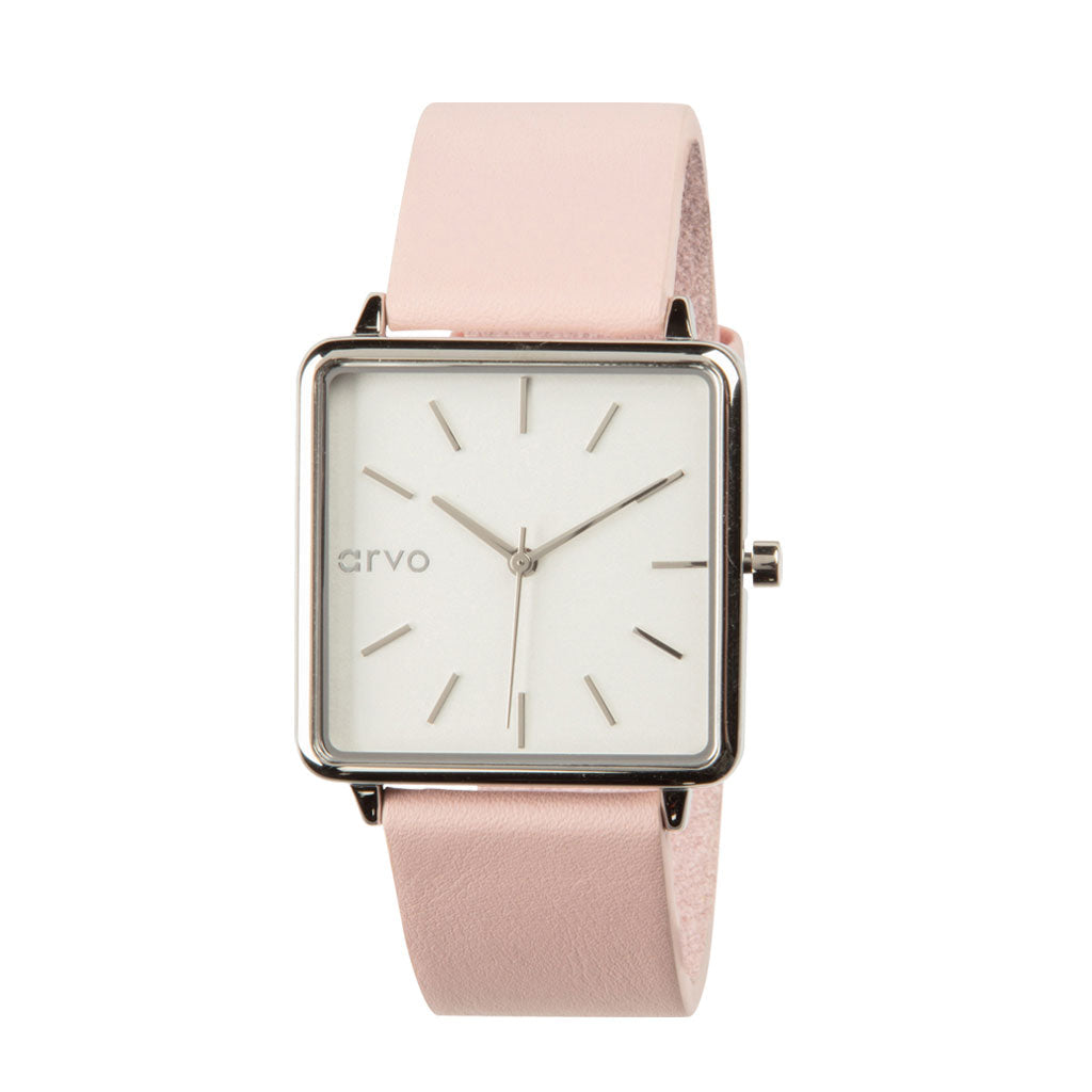 Arvo Time Squared Watch - Silver - Blush Pink Leather