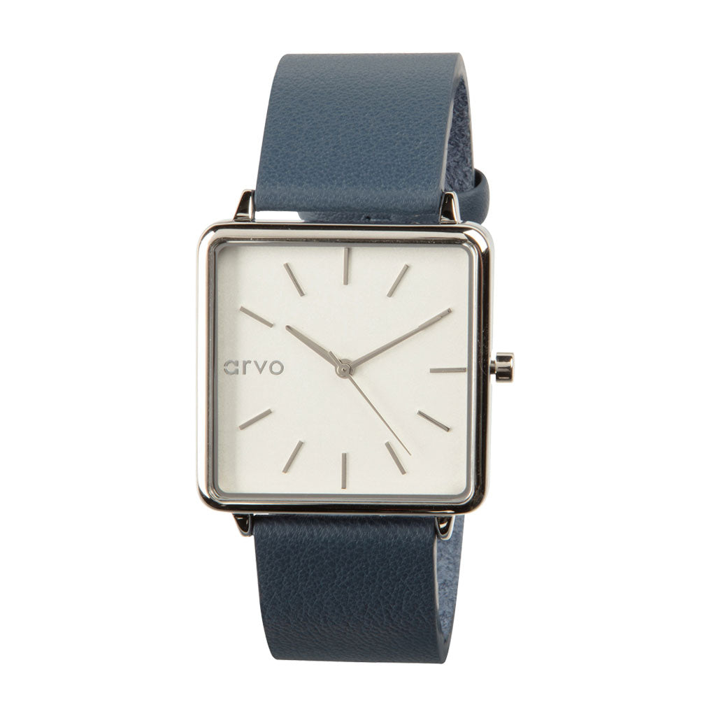 Arvo Time Squared Watch - Silver - Marino Blue Leather