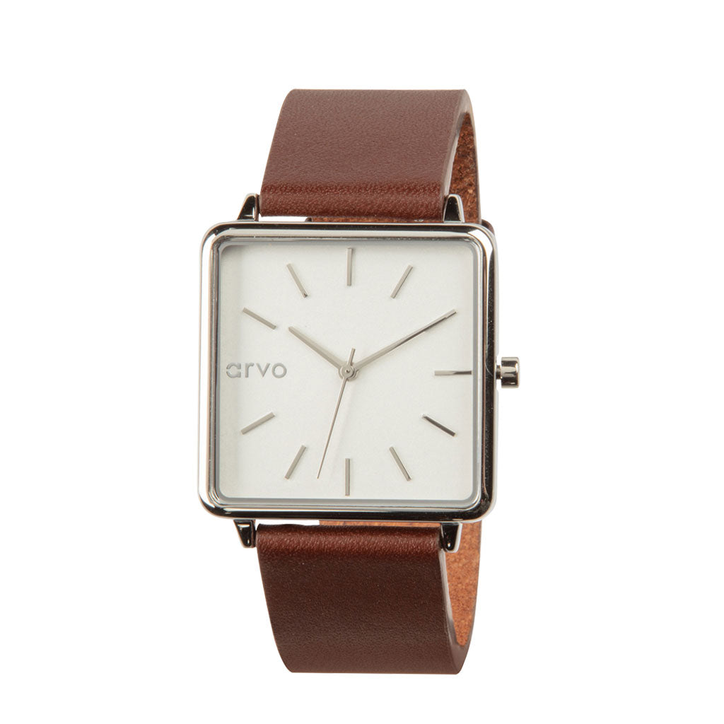 Arvo Time Squared Watch - Silver - Saddle Leather