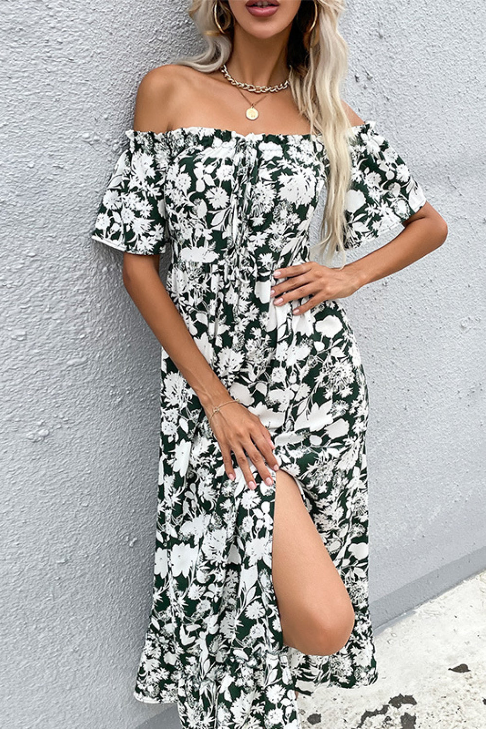 Buy Floral Slit Off-Shoulder Midi Dress by Hundredth