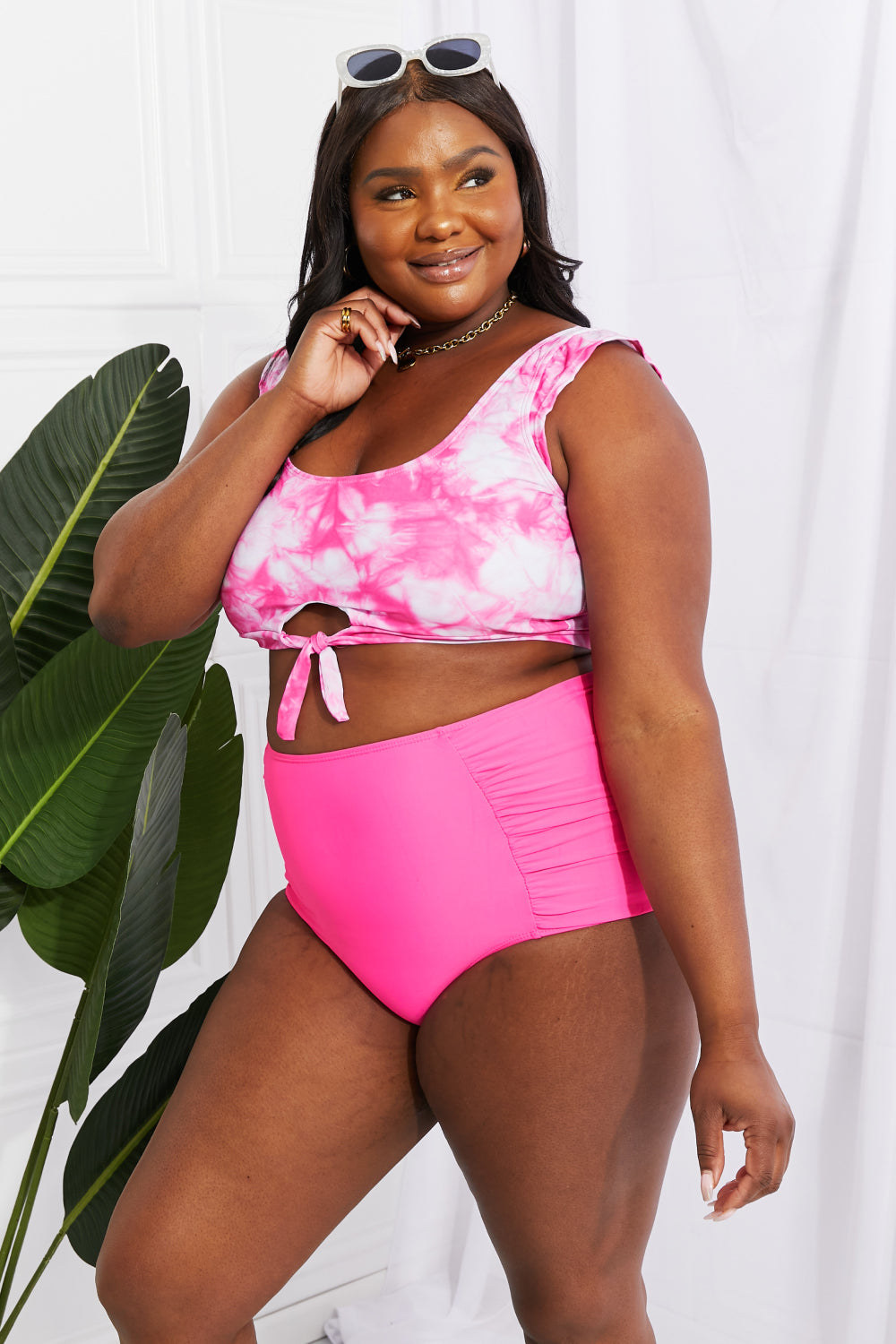 Buy Sanibel Crop Swim Top and Ruched Bottoms Set in Pink by Marina West Swim