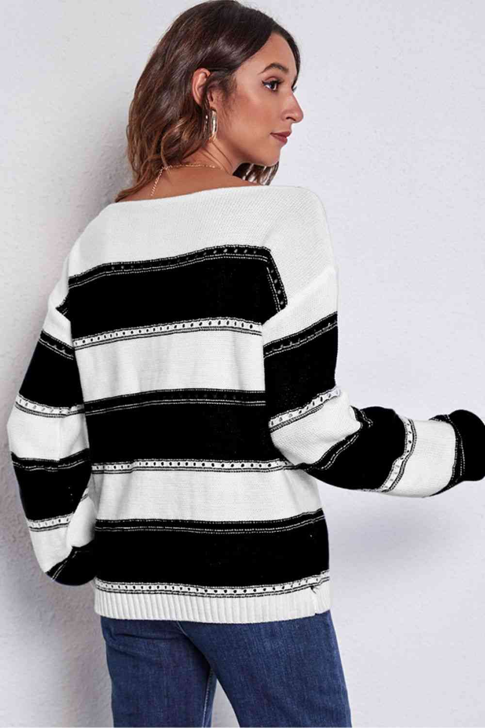 Buy Striped Boat Neck Dropped Shoulder Sweater by B&S