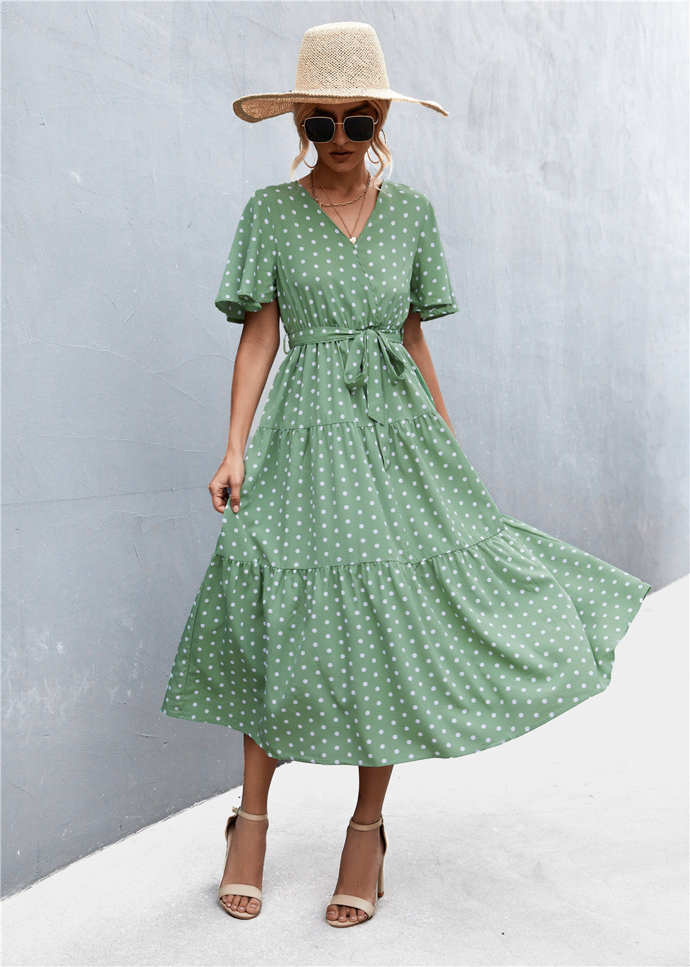 Buy Printed V-Neck Flutter Sleeve Belted Dress by YO