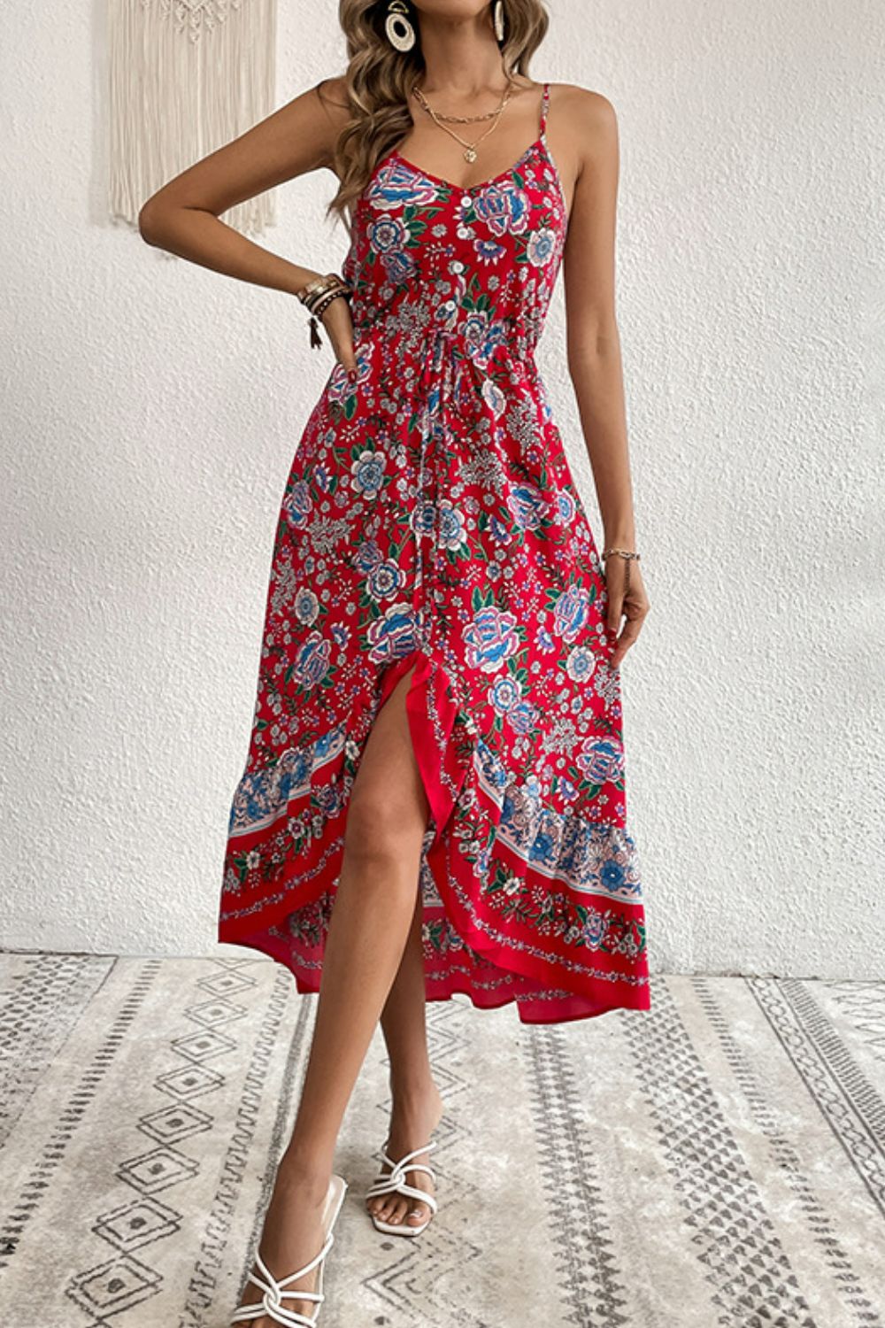 Buy Bohemian Decorative Button Spaghetti Strap Dress by Hundredth