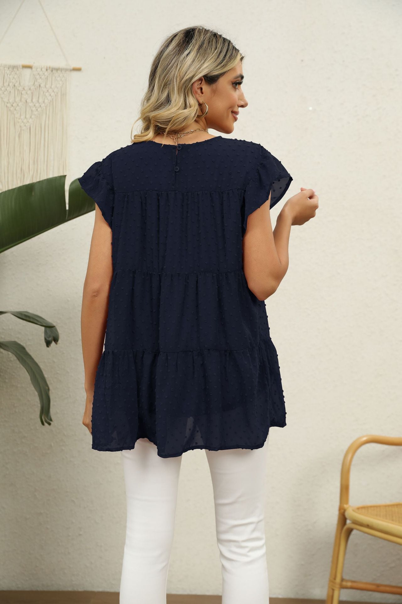 Buy Swiss Dot Round Neck Tiered Blouse by Faz