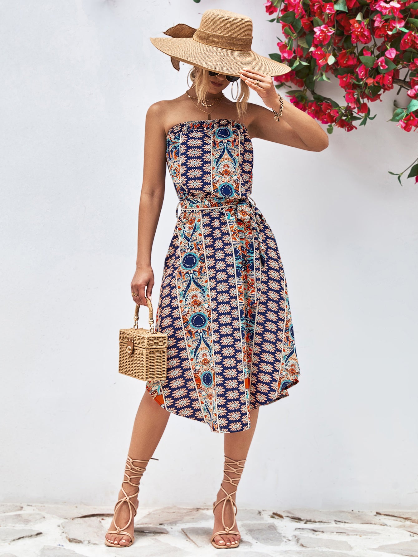 Buy Printed Strapless Tie Belt Dress by YO