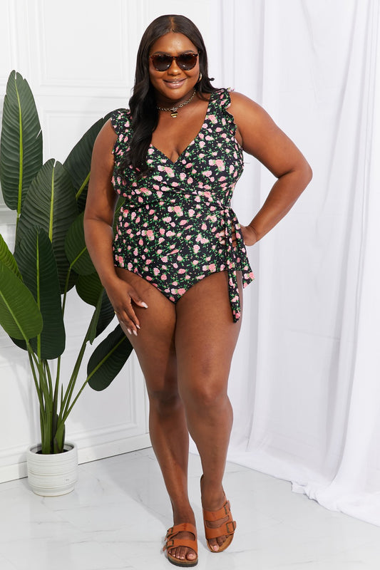 Buy Full Size Float On Ruffle Faux Wrap One-Piece in Floral by Marina West Swim