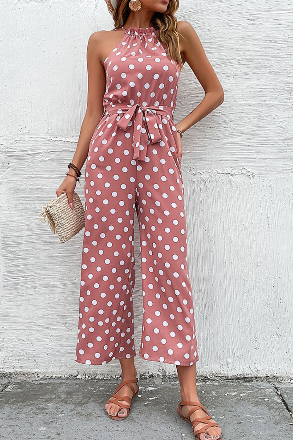 Buy Polka Dot Grecian Wide Leg Jumpsuit by Faz