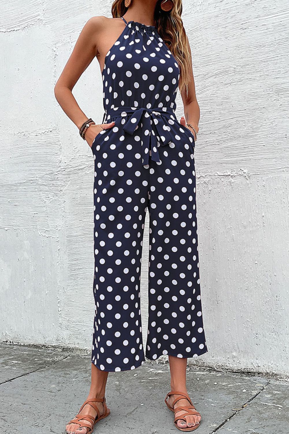 Buy Polka Dot Grecian Wide Leg Jumpsuit by Faz