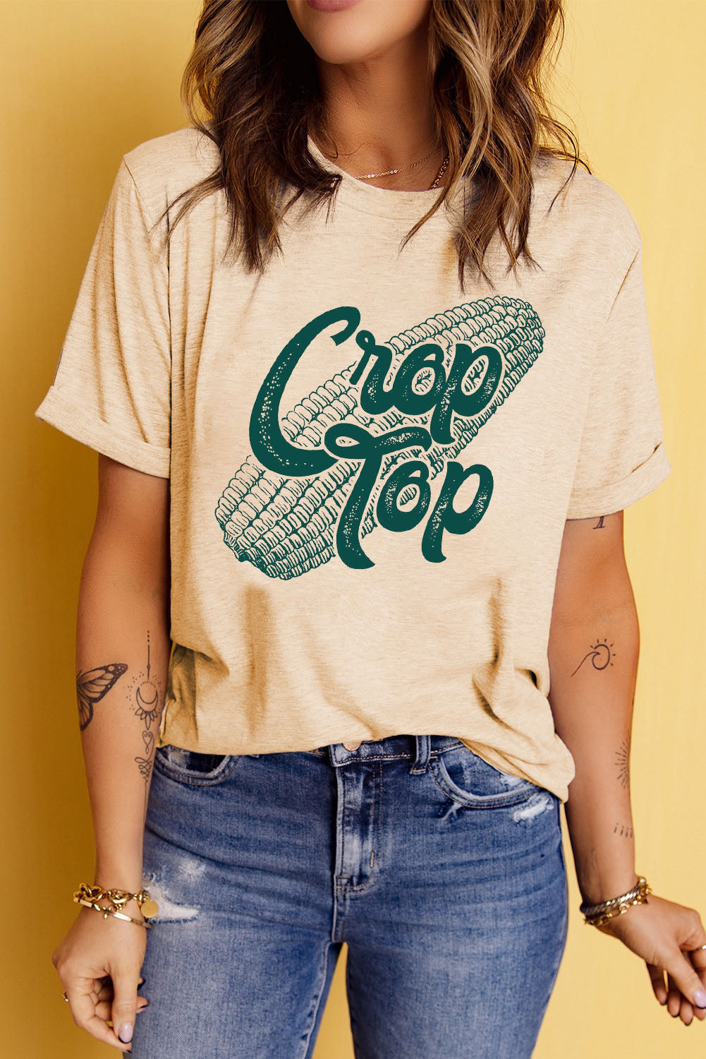Buy Corn Letter Graphic Cuffed Tee by Faz