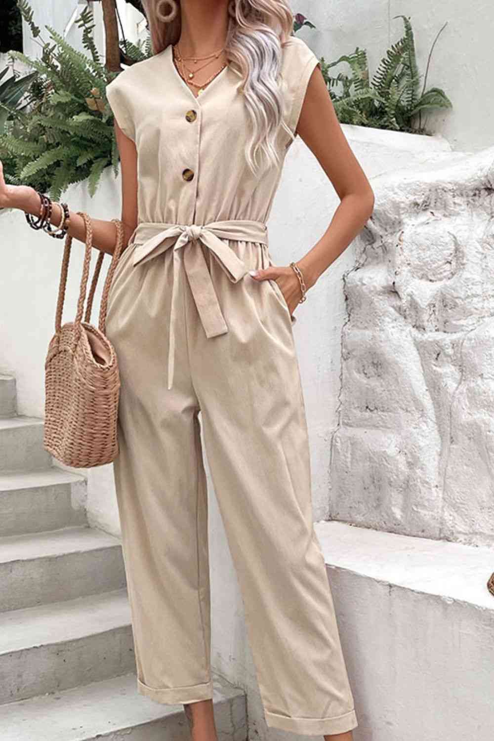 Buy Capped Sleeve Belted V-Neck Jumpsuit by Hundredth