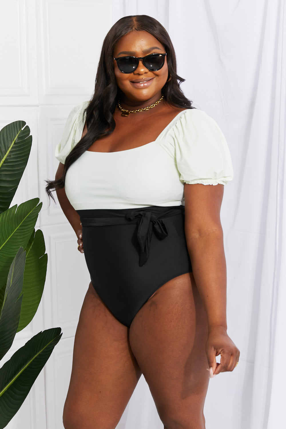 Buy Salty Air Puff Sleeve One-Piece in Cream/Black by Marina West Swim