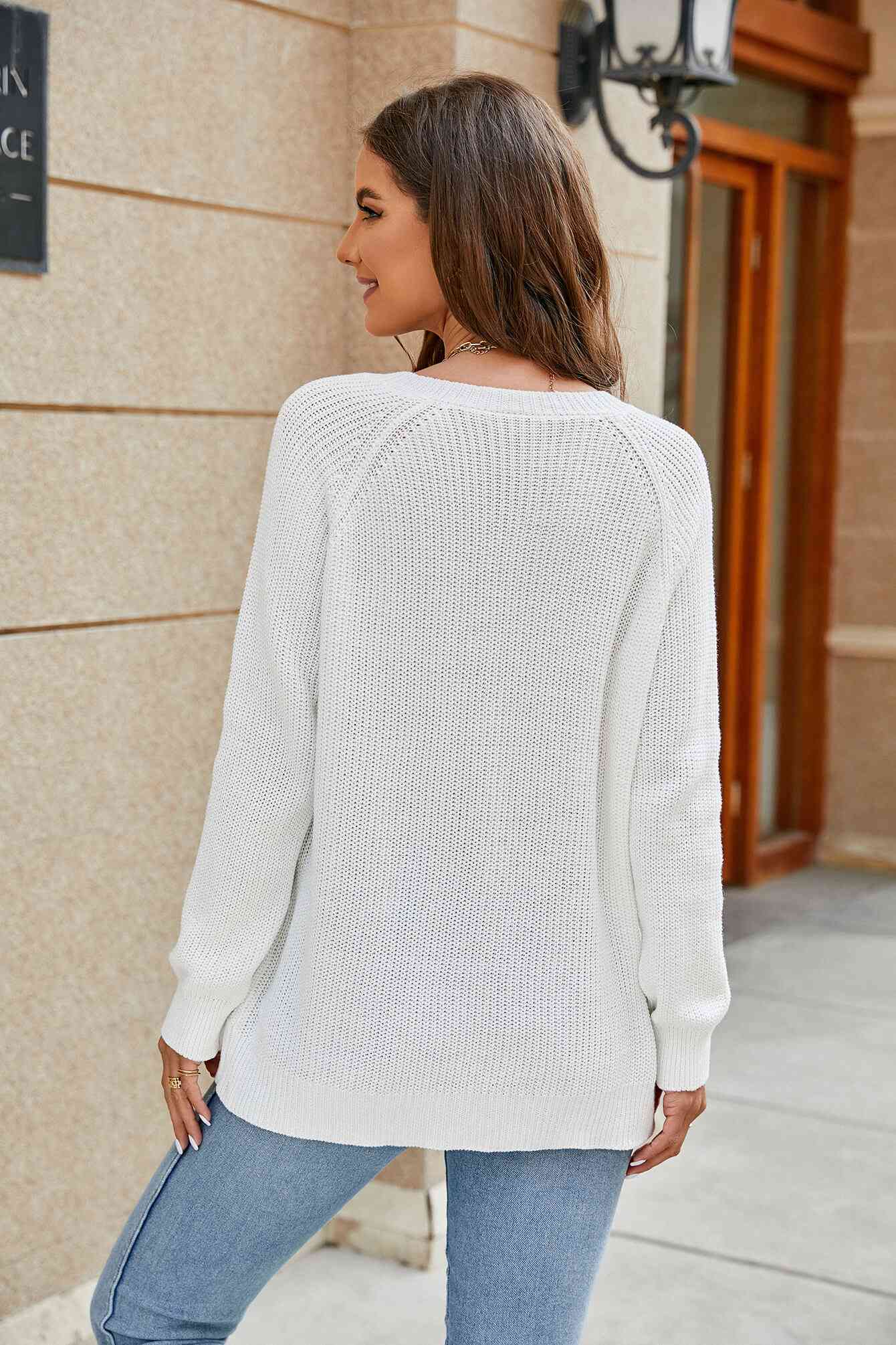 Buy Raglan Sleeve Ribbed Trim Plunge Knit Top by YH