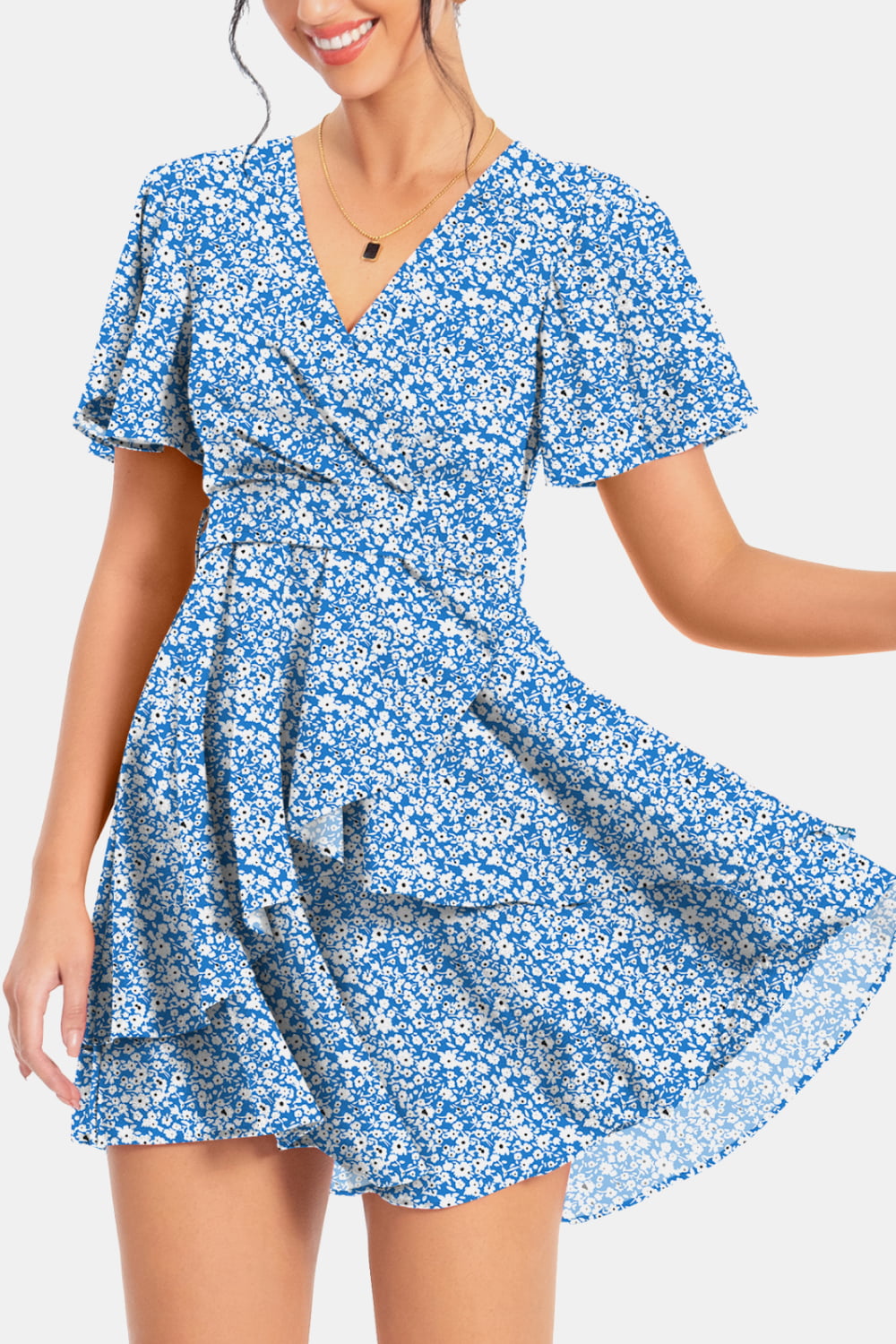 Buy Surplice Neck Flutter Sleeve Dress by A&D