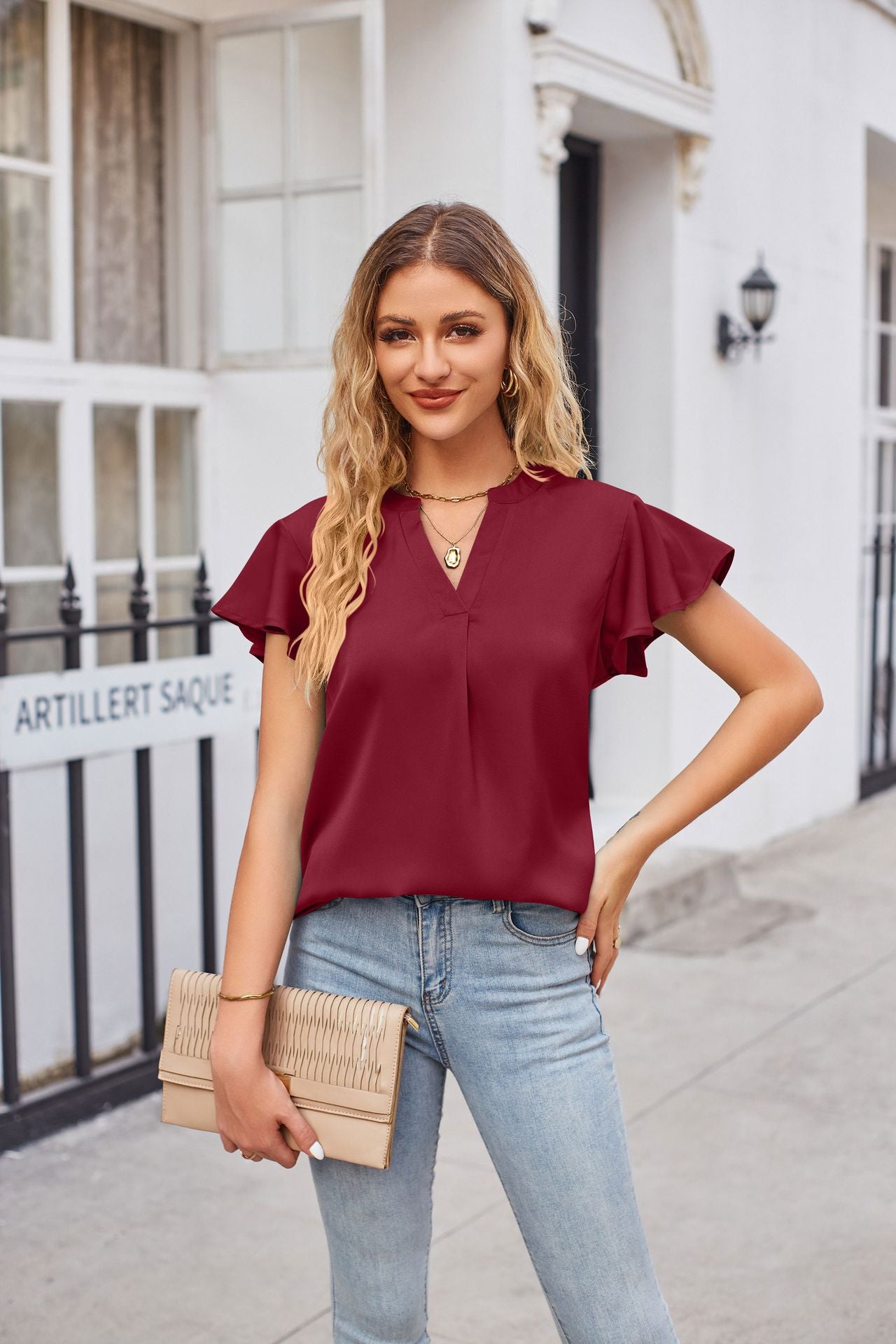 Buy Notched Neck Flutter Sleeve Satin Top by Faz