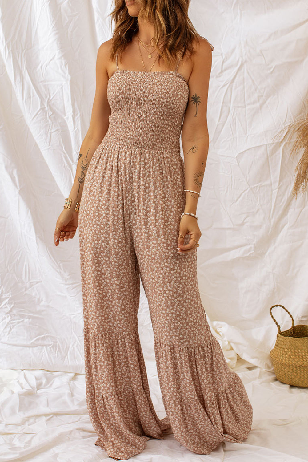 Buy Floral Spaghetti Strap Smocked Wide Leg Jumpsuit by Faz