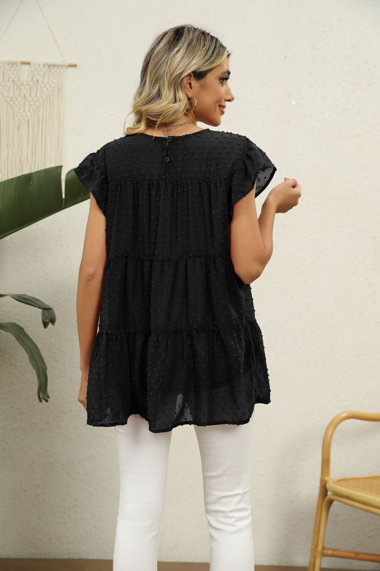 Buy Swiss Dot Round Neck Tiered Blouse by Faz