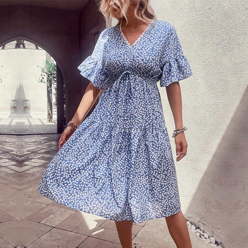 Buy Floral Flounce Sleeve V-Neck Dress by Hundredth