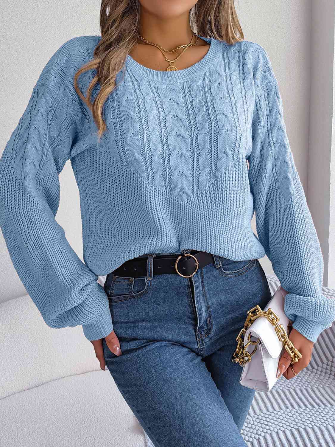 Buy Cable-Knit Round Neck Drop Shoulder Sweater by B.J.S