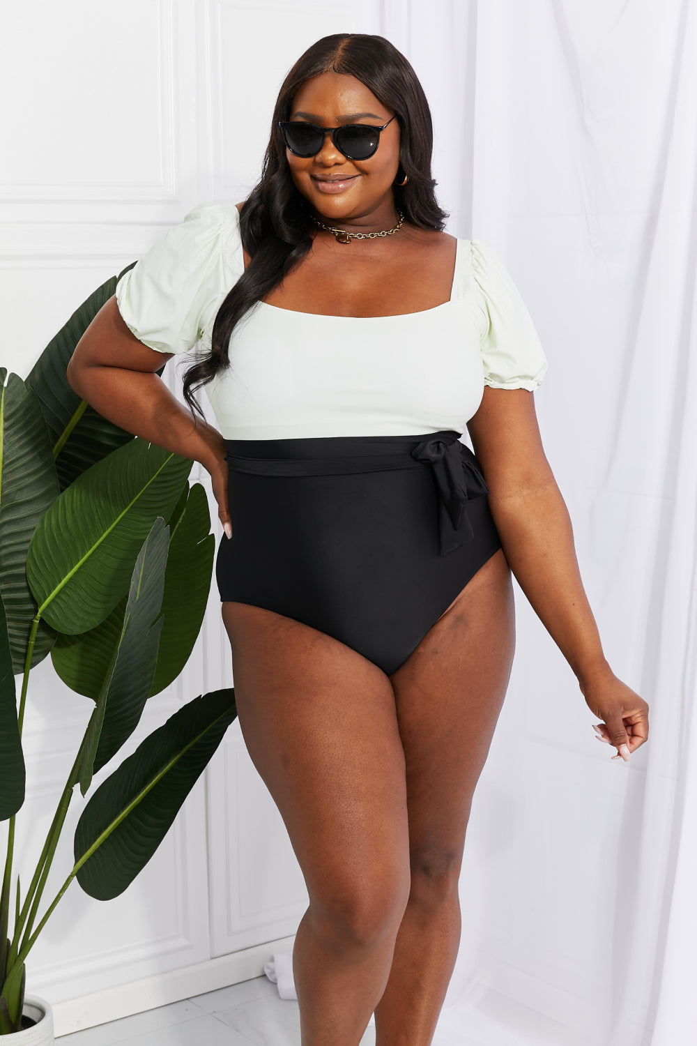 Buy Salty Air Puff Sleeve One-Piece in Cream/Black by Marina West Swim