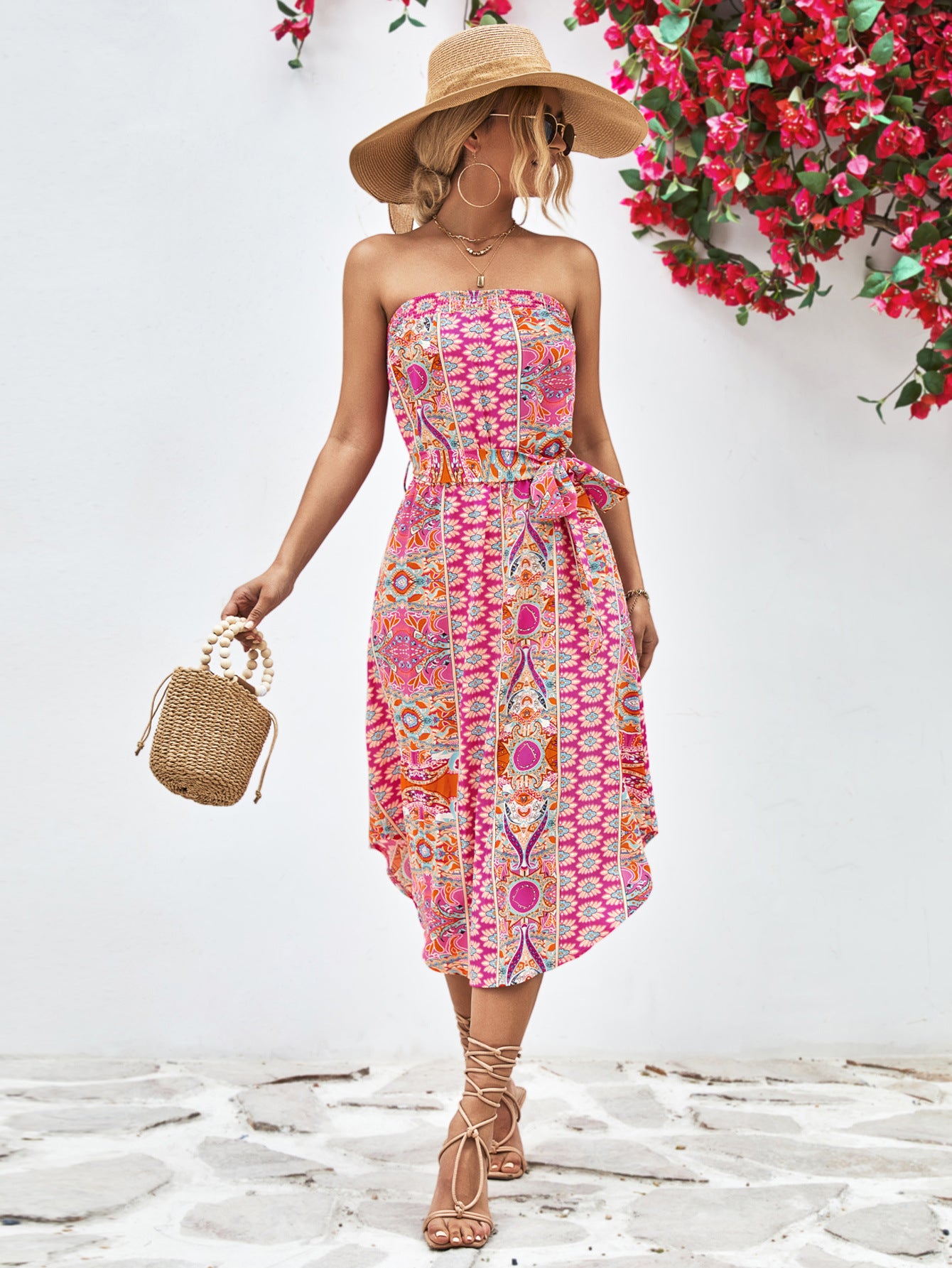 Buy Printed Strapless Tie Belt Dress by YO