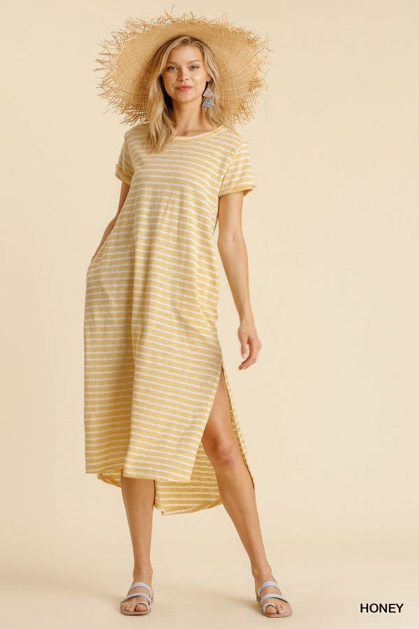 Buy Maxi Striped T-Shirt Dress with Pockets and Side Slit Details by Sensual Fashion Boutique