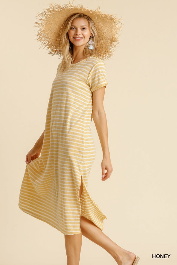 Buy Maxi Striped T-Shirt Dress with Pockets and Side Slit Details by Sensual Fashion Boutique