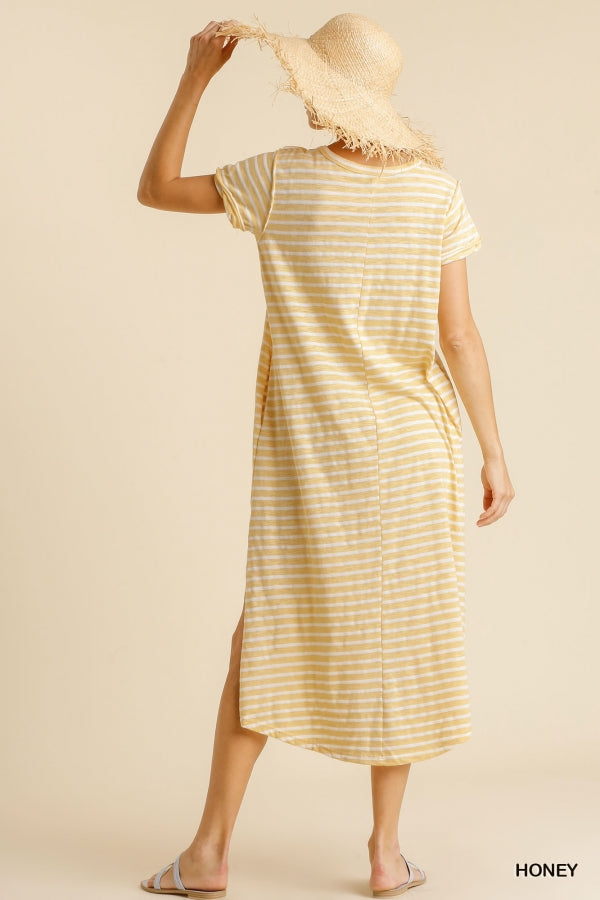 Buy Maxi Striped T-Shirt Dress with Pockets and Side Slit Details by Sensual Fashion Boutique