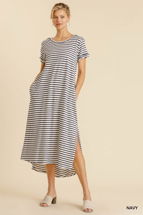 Buy Maxi Striped T-Shirt Dress with Pockets and Side Slit Details by Sensual Fashion Boutique