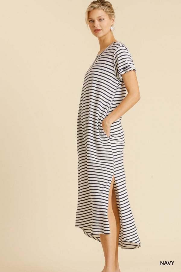 Buy Maxi Striped T-Shirt Dress with Pockets and Side Slit Details by Sensual Fashion Boutique