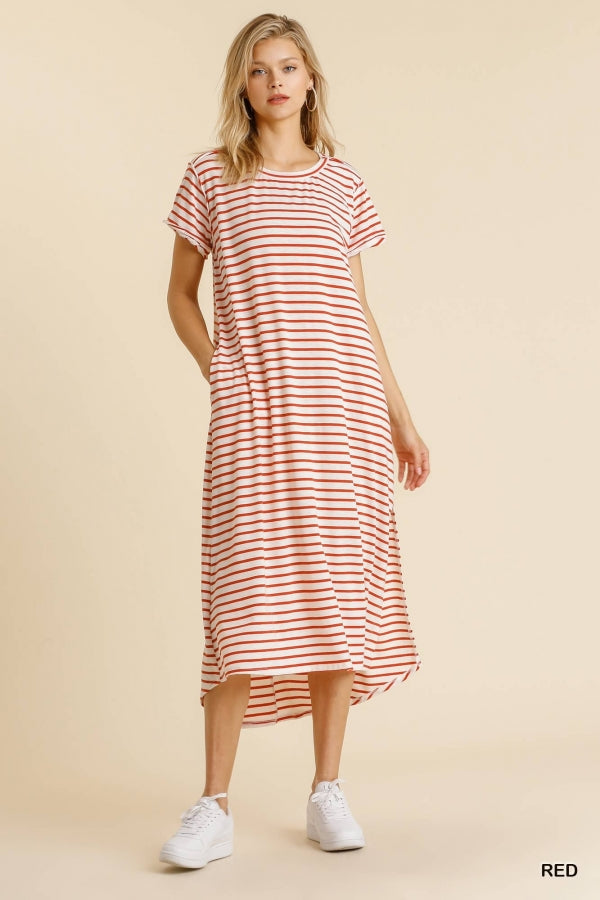 Buy Maxi Striped T-Shirt Dress with Pockets and Side Slit Details by Sensual Fashion Boutique