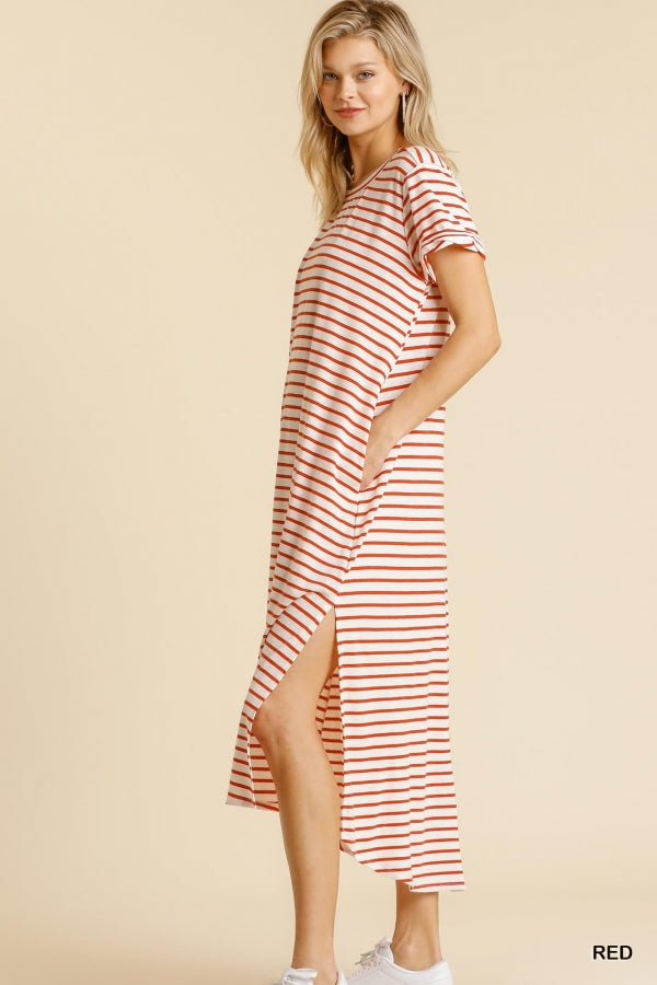 Buy Maxi Striped T-Shirt Dress with Pockets and Side Slit Details by Sensual Fashion Boutique