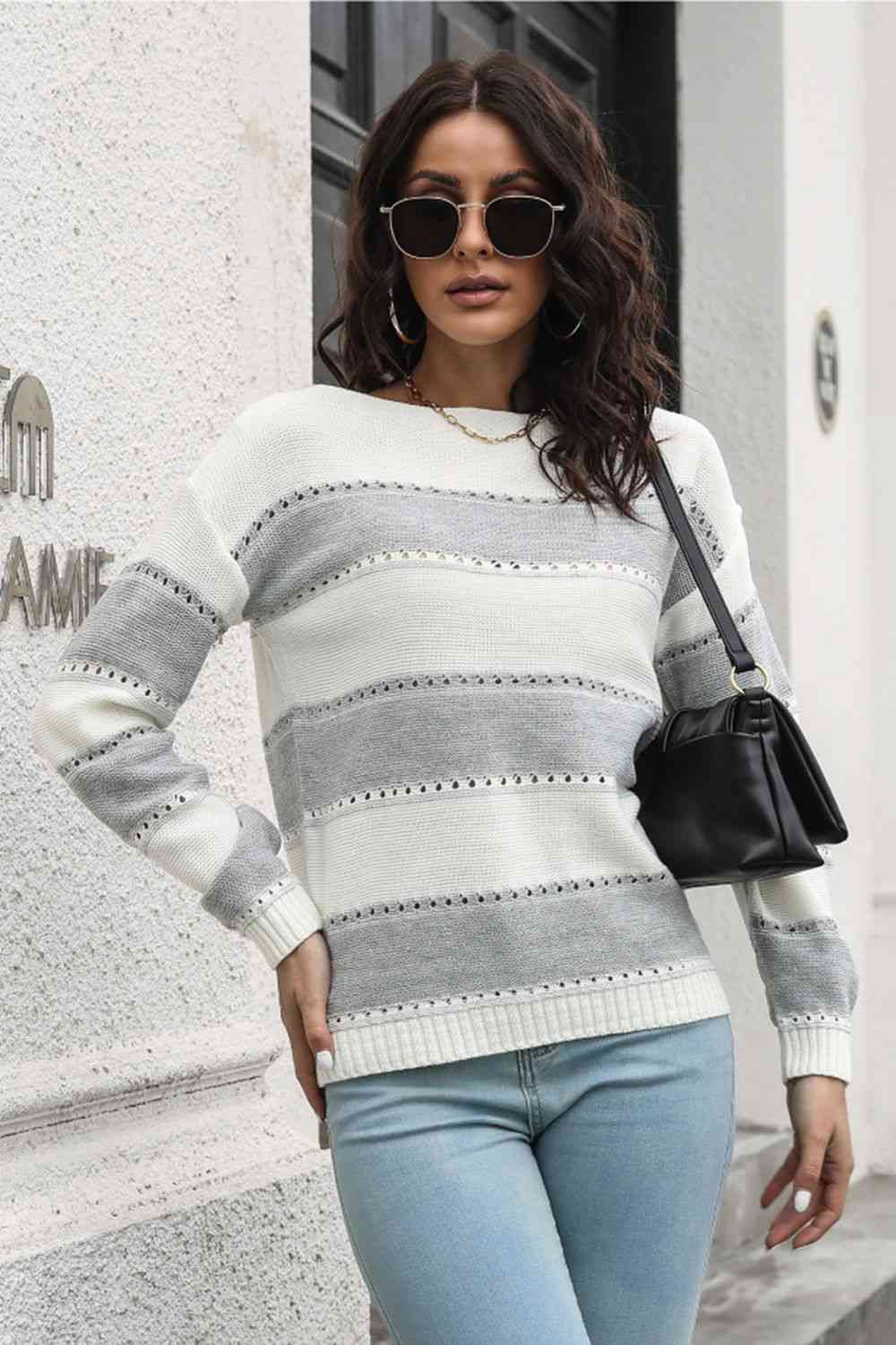 Buy Striped Boat Neck Dropped Shoulder Sweater by B&S
