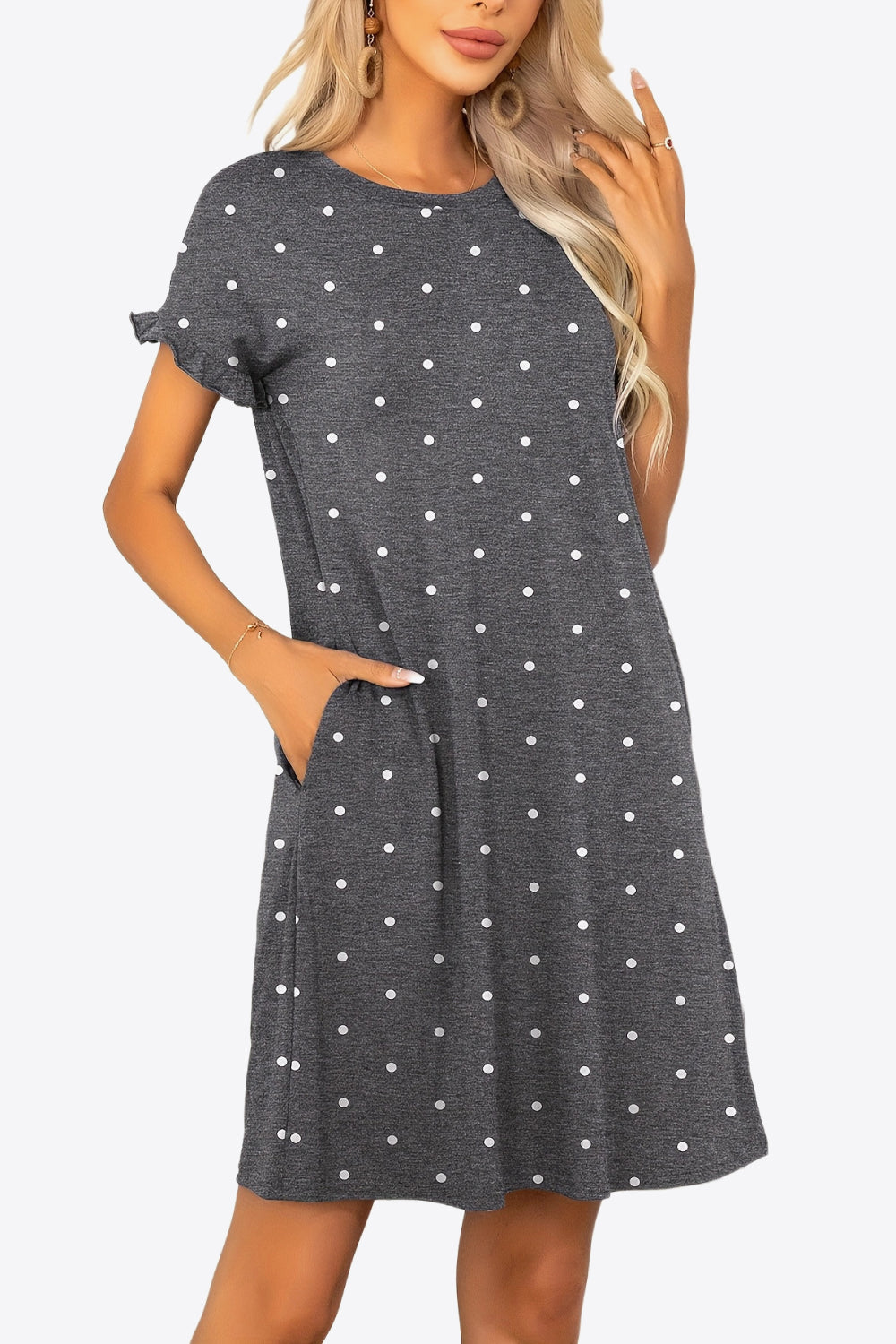 Buy Flounce Sleeve Round Neck Dress with Pockets by Putica