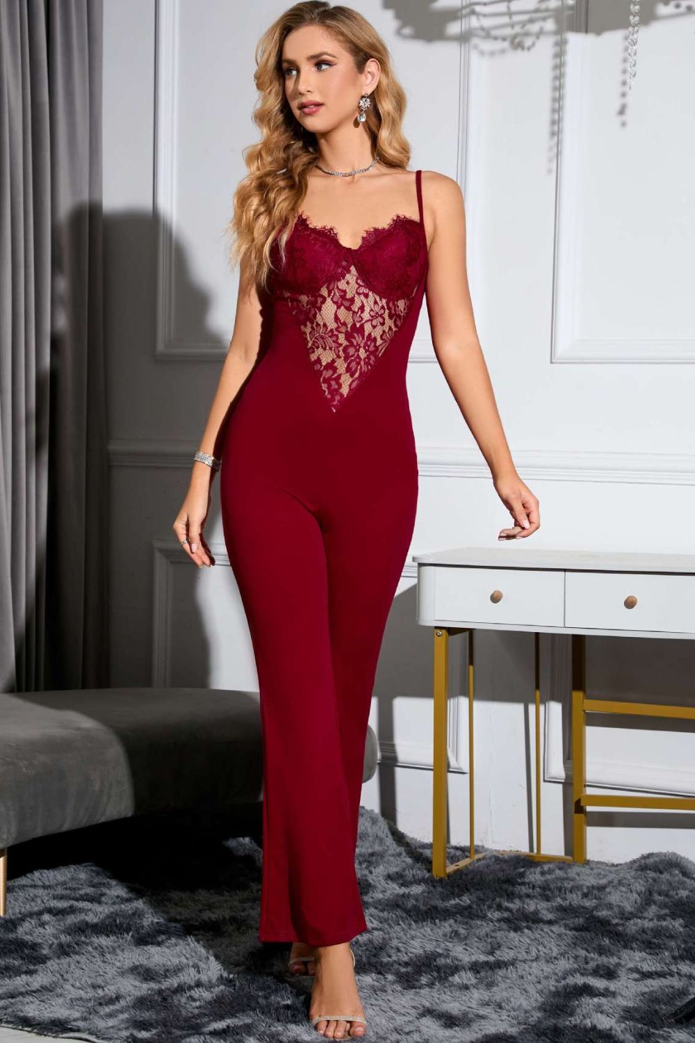 Buy Spliced Lace Sweetheart Neck Flare Leg Jumpsuit by Faz